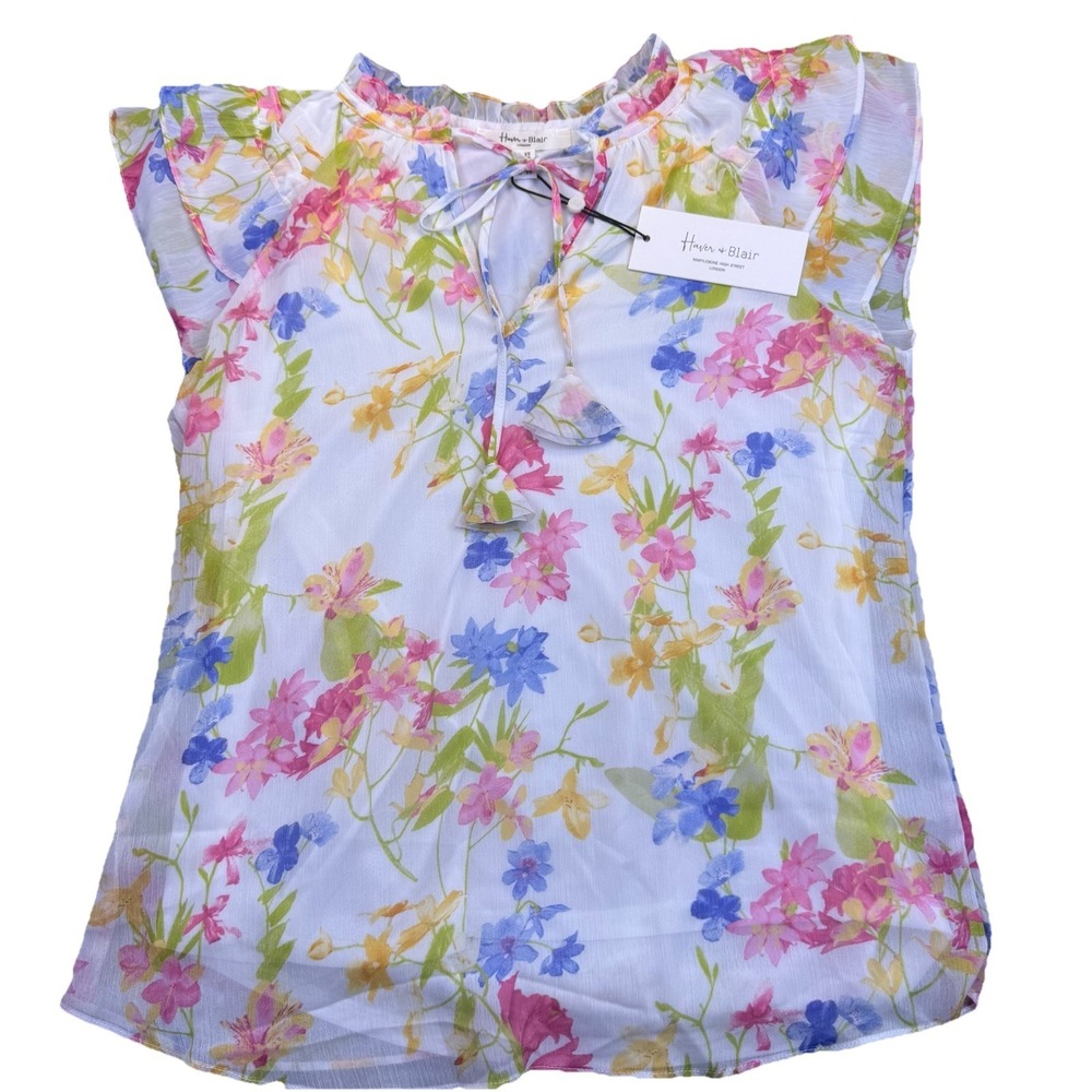 NEW! Haver & Blair London Boho Blouse V Neck XS NWT Ruffle Neck Floral Tie